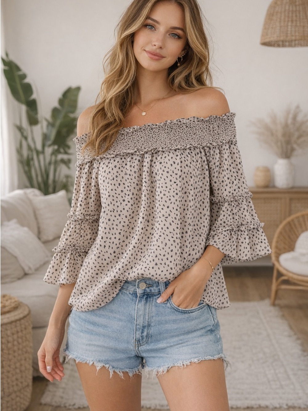 And the Why Boho Chic Smocked Off-Shoulder Taupe Dot Blouse